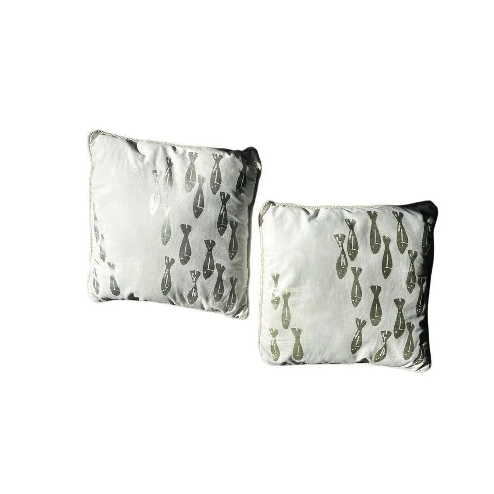 Set of 2  Max Studio Home Silver/White Fish Print Decorative Throw Pillows
